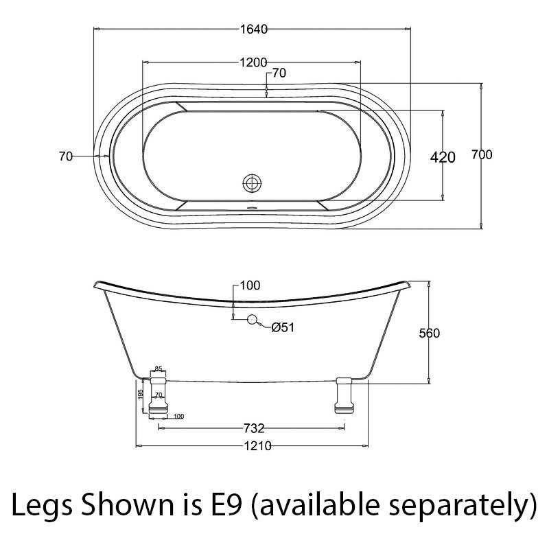 Burlington Bateau Traditional Roll Top Freestanding Slipper Bath 1640mm x 700mm - Excluding Feet