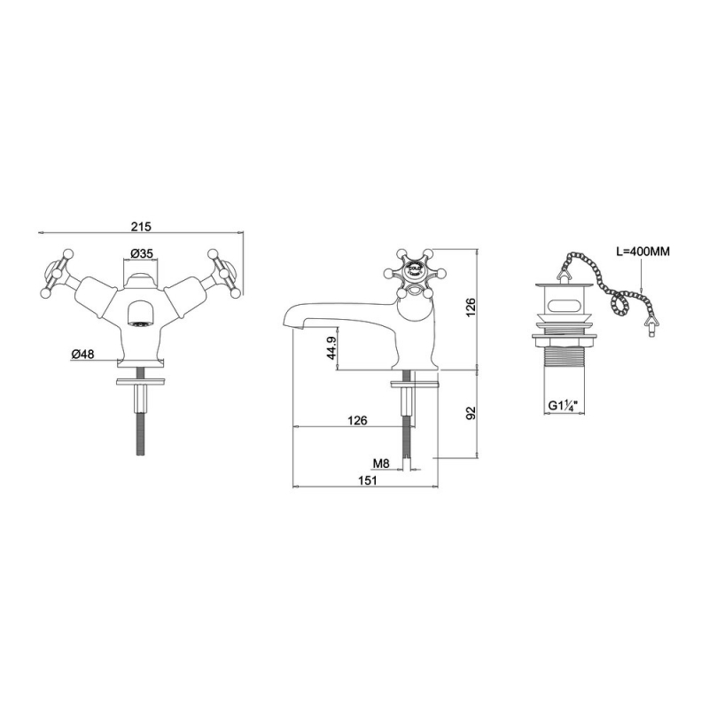 Burlington Birkenhead Mono Basin Mixer Tap Dual Handle with Plug and Chain Waste - Chrome