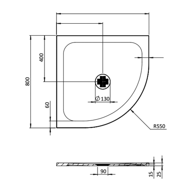 Burlington Bowood 25mm Quadrant Shower Tray 800mm x 800mm  | Dimension Image
