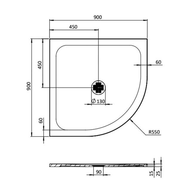 Burlington Bowood 25mm Quadrant Shower Tray 900mm x 900mm  | Dimension Image