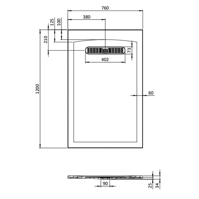 Burlington Calton 25mm Rectangular Shower Tray 1200mm x 760mm  | Dimension Image