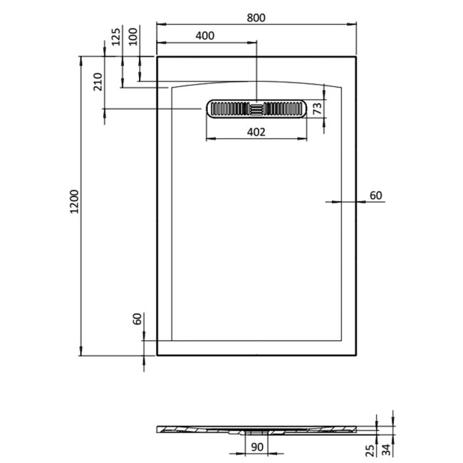 Burlington Calton 25mm Rectangular Shower Tray 1200mm x 800mm  | Dimension Image
