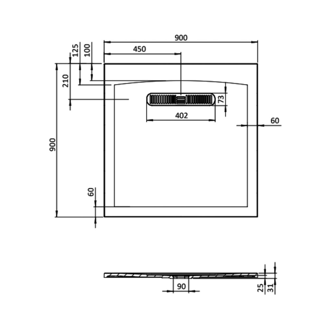 Burlington Calton 25mm Square Shower Tray 900mm x 900mm  | Dimension Image