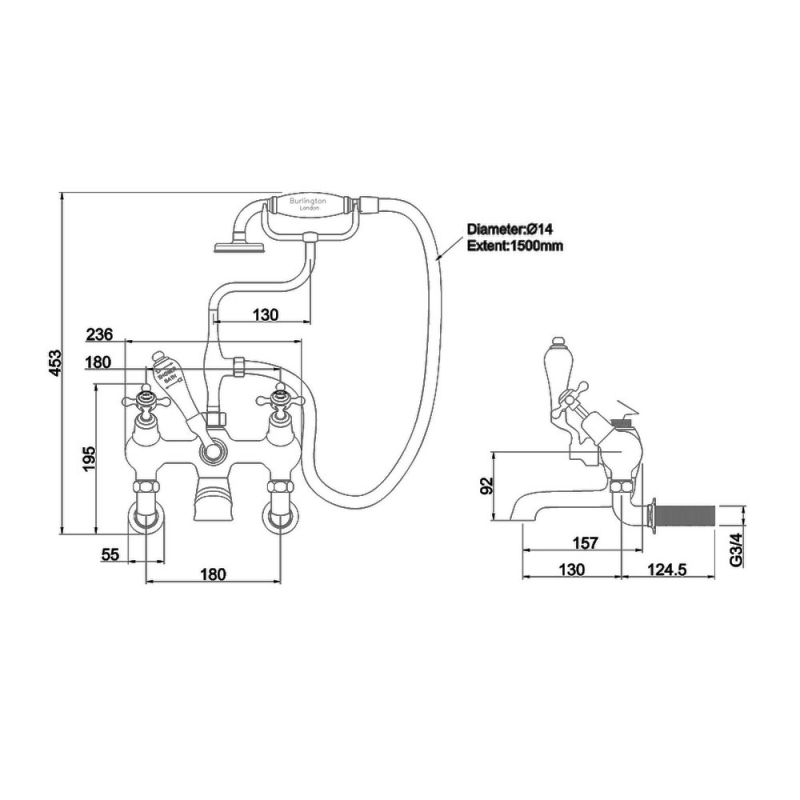 Burlington Claremont Bath Shower Mixer T9+T172+T1 Wall Mounted Chrome