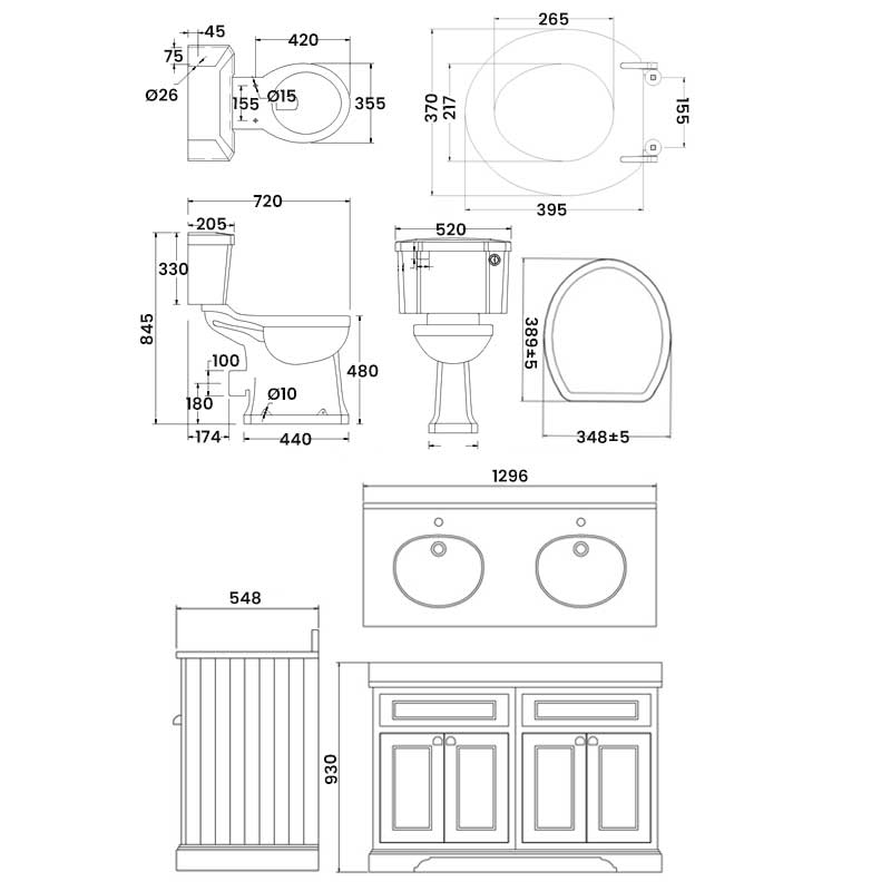 Burlington Furniture Bathroom Suite 1300mm Wide Vanity Unit Olive - 0 Tap Hole