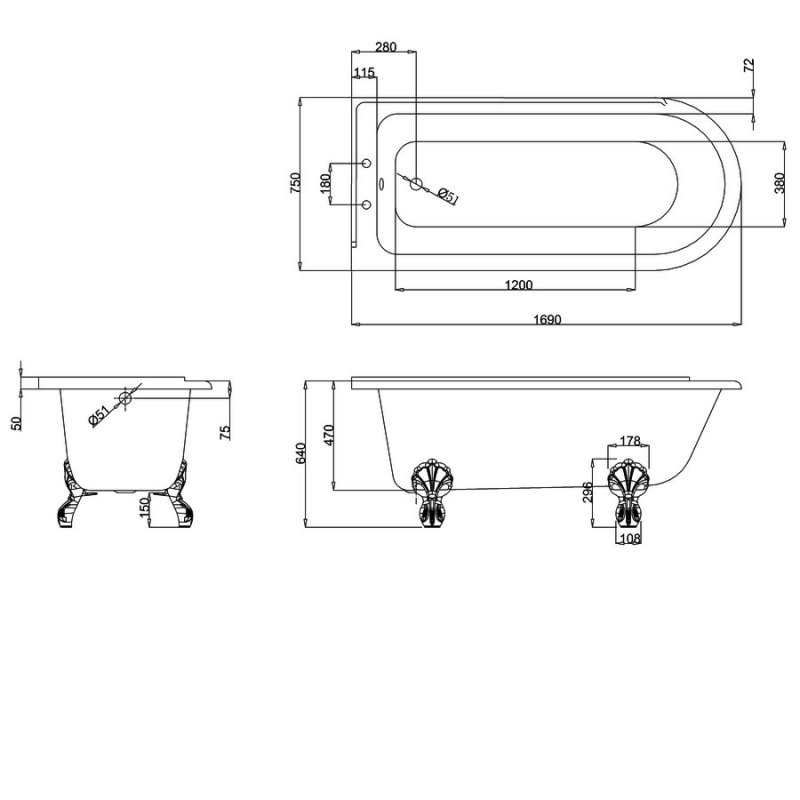 Burlington Hampton Rectangular Bath E13 1690mm x 750mm Acrylic