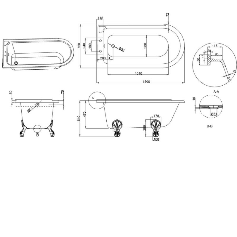 Burlington Hampton Rectangular Bath E20 1500mm x 750mm Acrylic