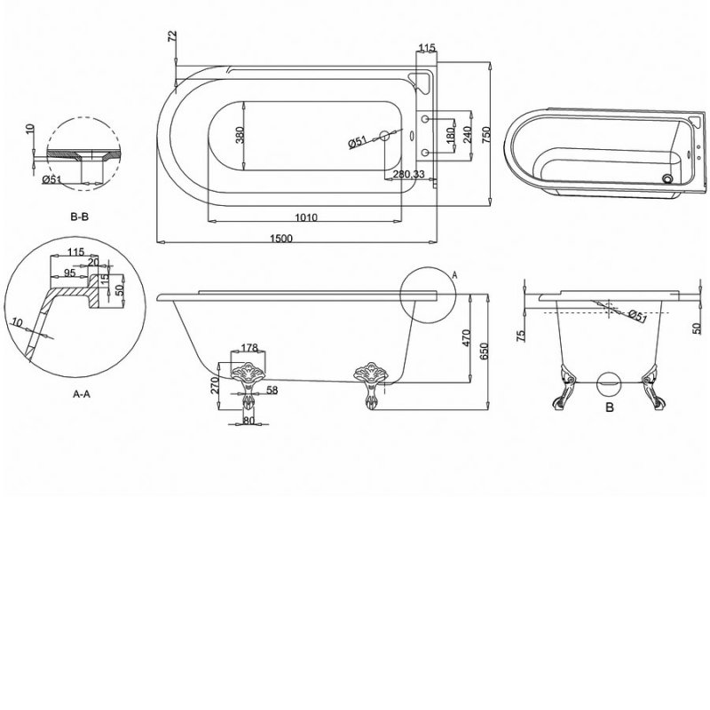 Burlington Hampton Rectangular Bath E21 1500mm x 750mm Acrylic