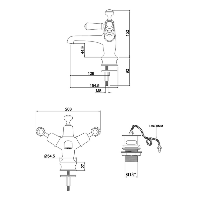 Burlington Kensington Regent Mono Basin Mixer Tap Dual Handle with Plug and Chain Waste - Chrome