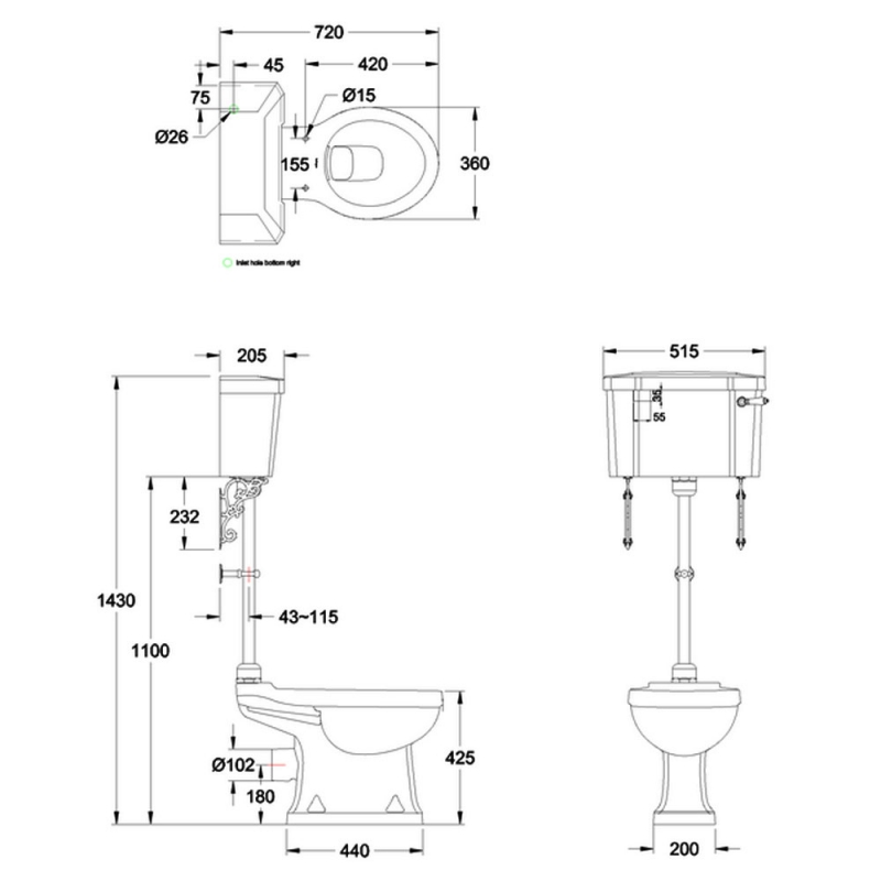 Burlington Rimless Toilet P20+C1+T33 CHR Medium Level White