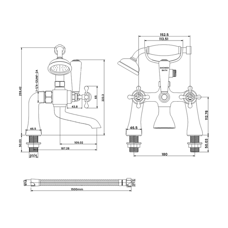 Burlington Stafford Bath Shower Mixer Tap STA14QT Pillar Mounted