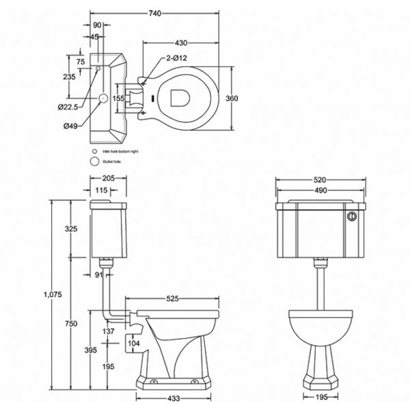 Burlington Standard Medium Level Pan Push Button Cistern - Excluding Seat