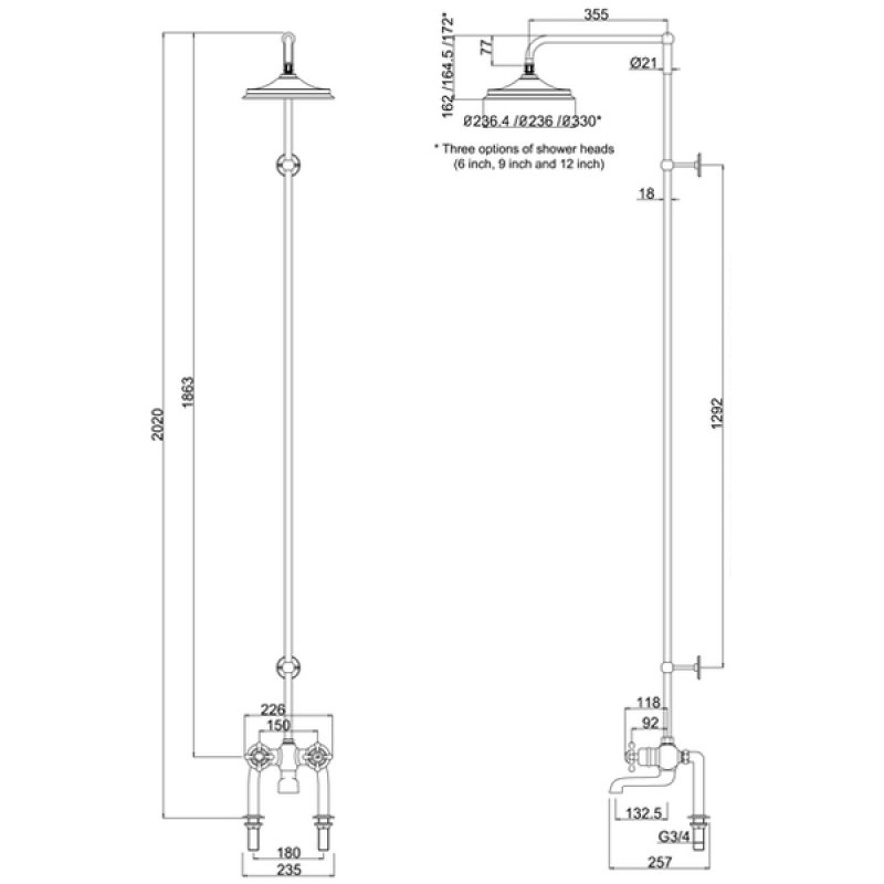 Burlington Tay Exposed Shower T2DS+V22+V60 2 Outlet Chrome