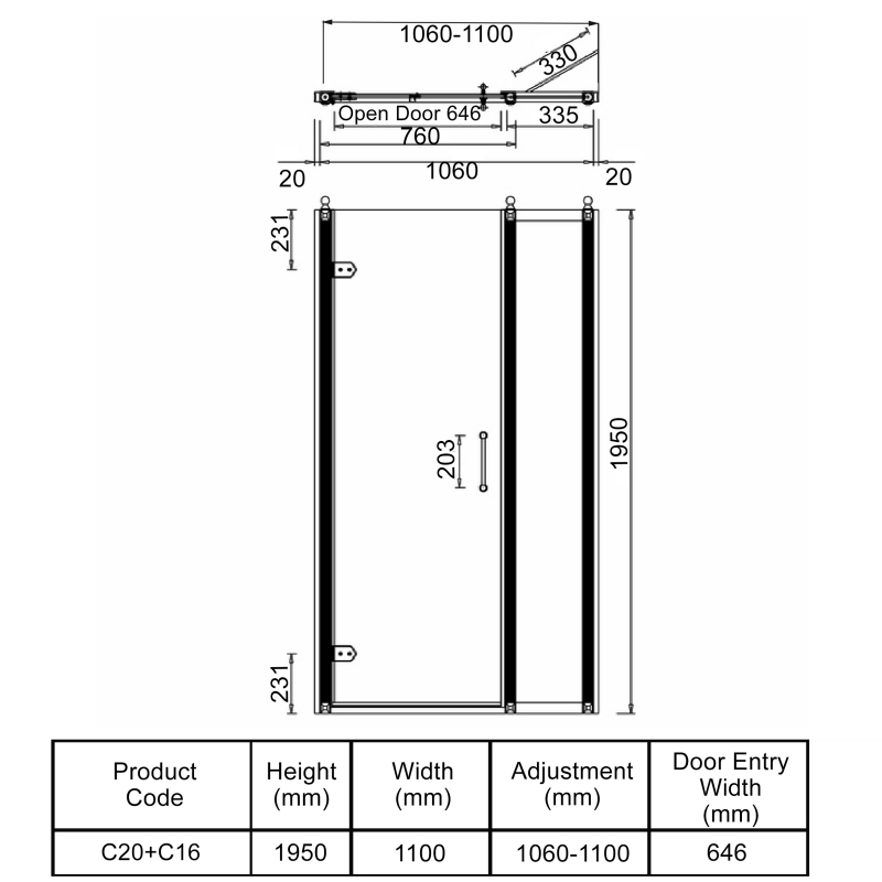 Burlington Traditional Hinged Shower Door 1100mm C20+C16