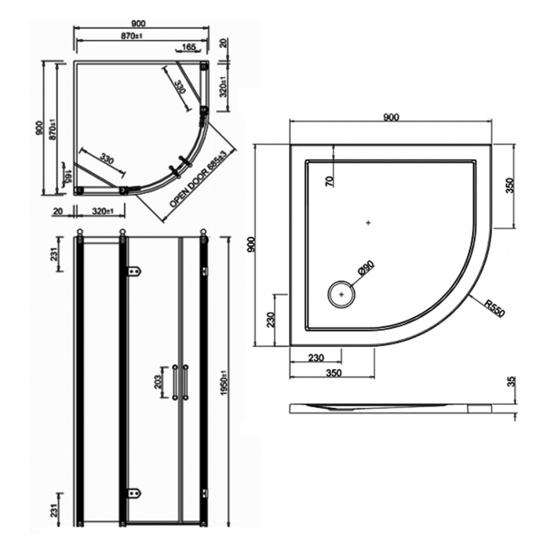 Burlington Traditional Quadrant Shower Enclosure with Tray 900mm x 900mm - 8mm Glass