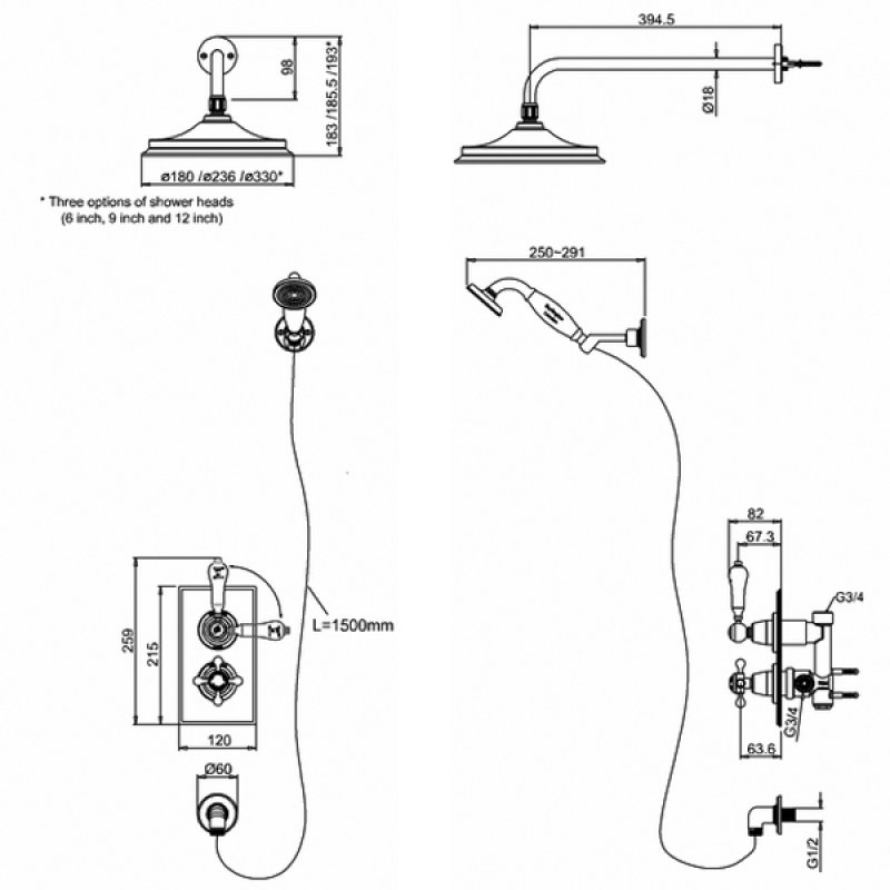 Burlington Trent Dual Concealed Mixer Shower Kit 6inch Fixed Head