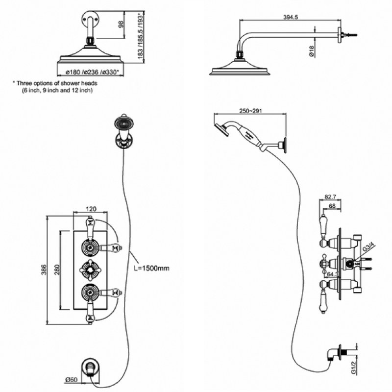 Burlington Trent Triple Concealed Mixer Shower Kit 9inch Fixed Head