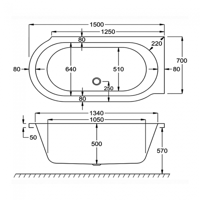 Carron Advantage Offset Corner Bath 1500mm x 780mm Left Handed - 5mm Acrylic  | Dimension Image