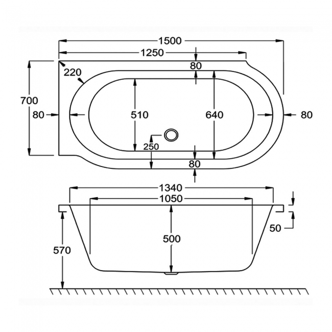 Carron Advantage Offset Corner Bath 1500mm x 780mm Right Handed - 5mm Acrylic  | Dimension Image