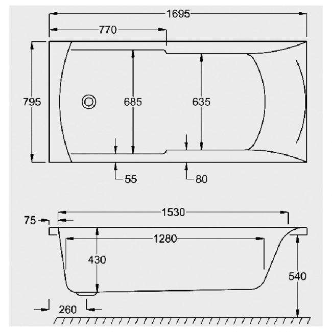 Carron Apex Single Ended Rectangular Bath 1700mm x 800mm - Carronite
