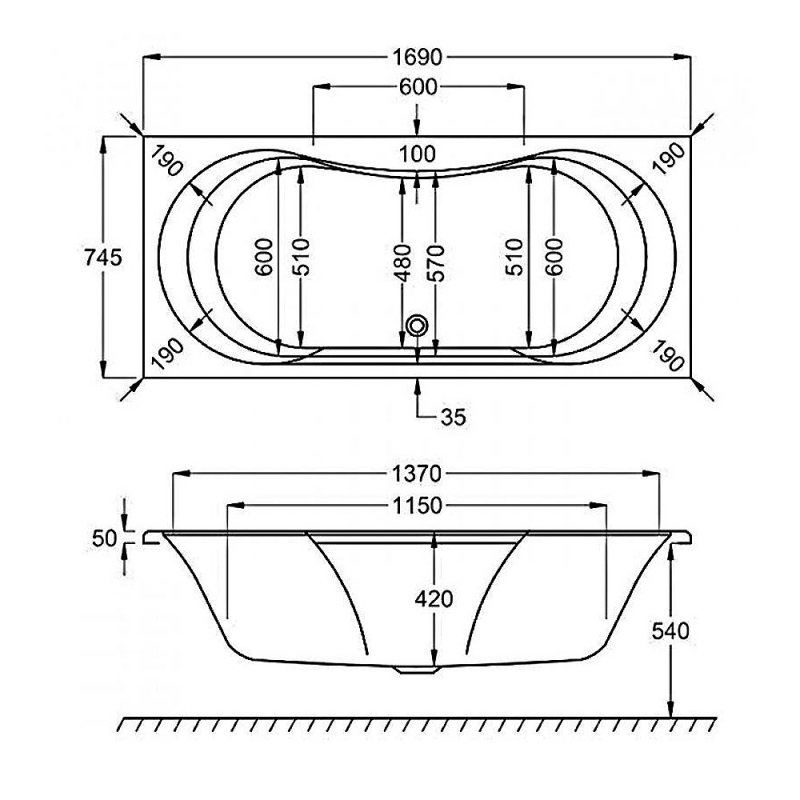 Carron Arc Double Ended Rectangular Bath 1700mm x 750mm - 5mm Acrylic