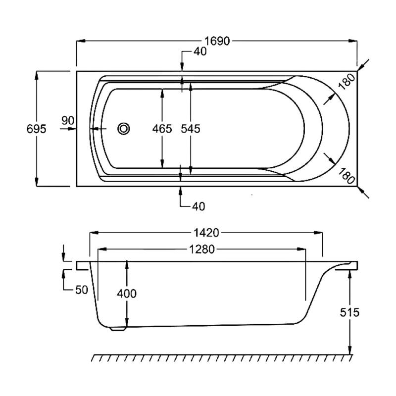 Carron Arc Single Ended Rectangular Bath 1700mm x 700mm - Carronite