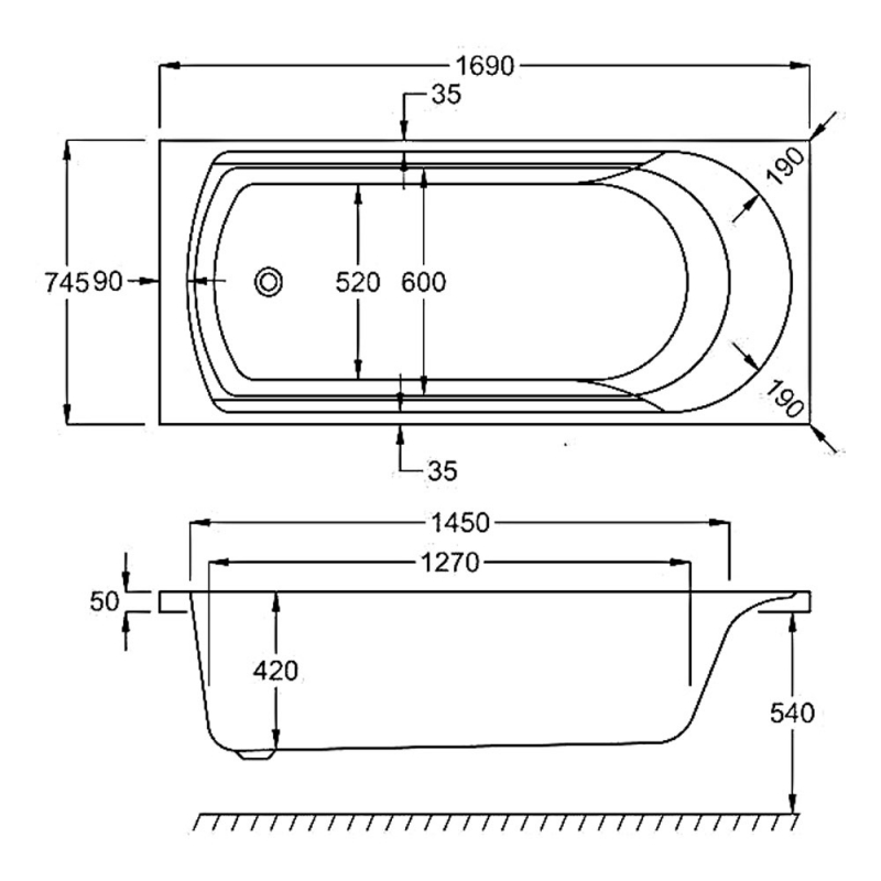 Carron Arc Single Ended Rectangular Bath 1700mm x 750mm - Carronite