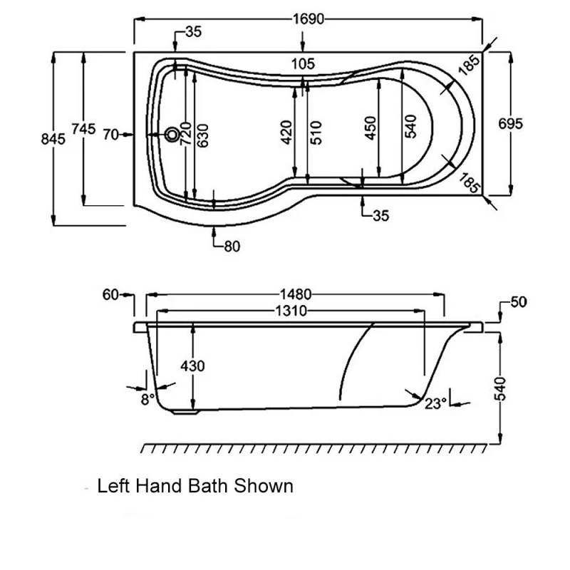 Carron Arc Curved P-Shaped Shower Bath 1700mm x 700/850mm Left Handed - 5mm Acrylic