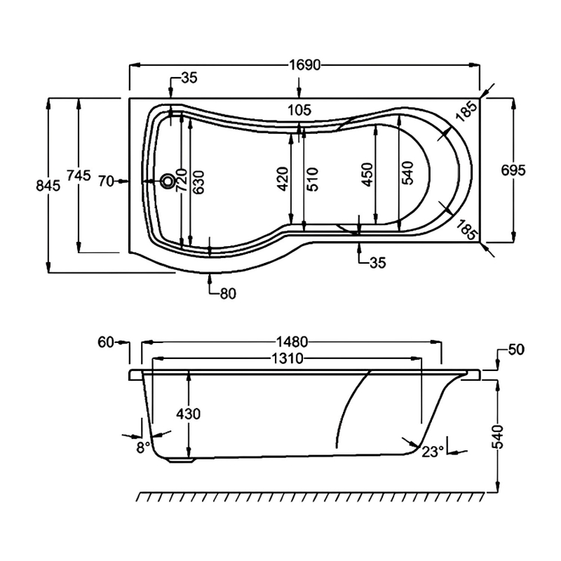 Carron Arc Curved P-Shaped Shower Bath 1700mm x 700/850mm Left Handed - Carronite