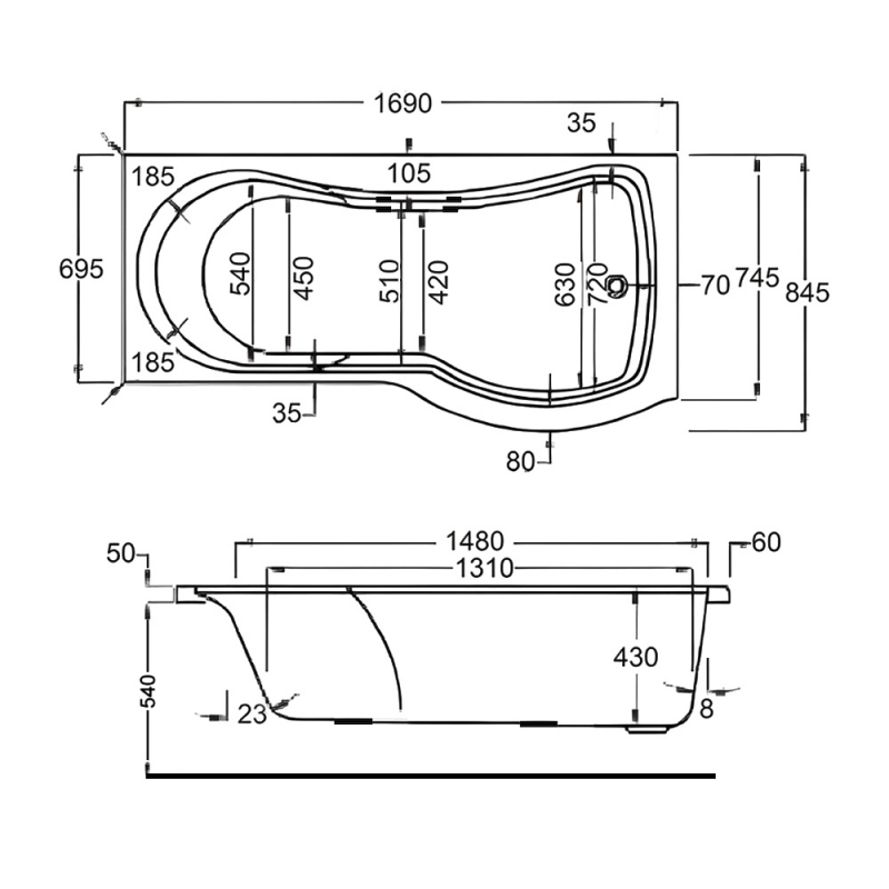 Carron Arc Curved P-Shaped Shower Bath 1700mm x 700/850mm Right Handed - Carronite
