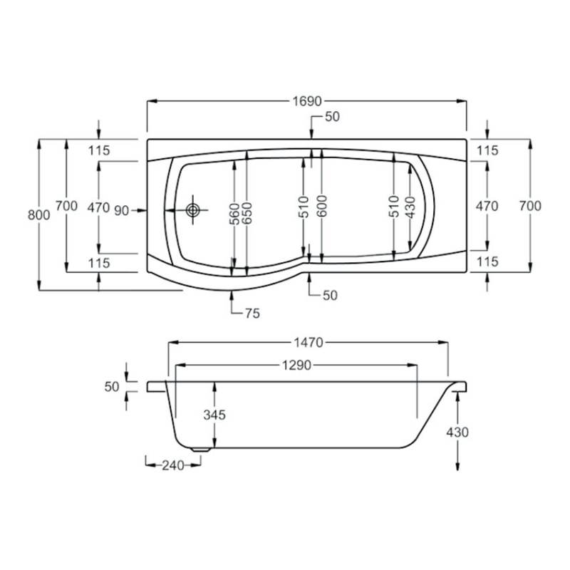 Carron Aspect P-Shaped Shower Bath 1700mm x 700/800mm Right Handed - 5mm Acrylic