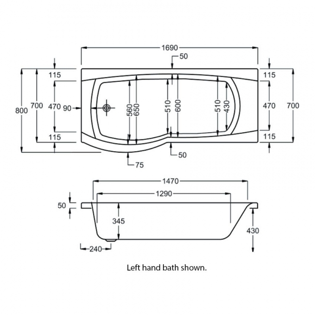 Carron Aspect P-Shaped Shower Bath 1700mm x 700/800mm Right Handed - Carronite  | Dimension Image