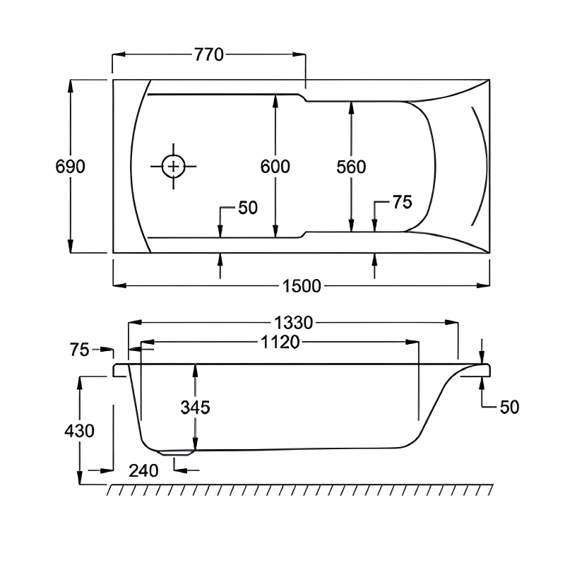 Carron Axis Single Ended Rectangular Bath 1500mm x 700mm - 5mm Acrylic