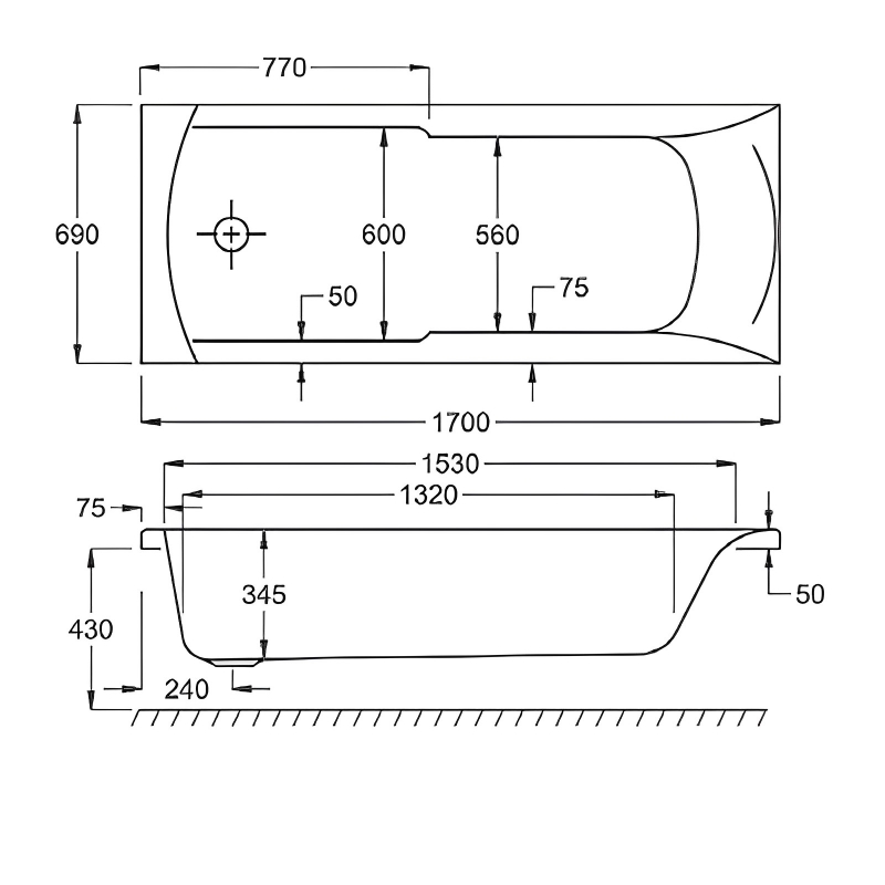 Carron Axis Single Ended Rectangular Bath 1700mm x 700mm - 5mm Acrylic