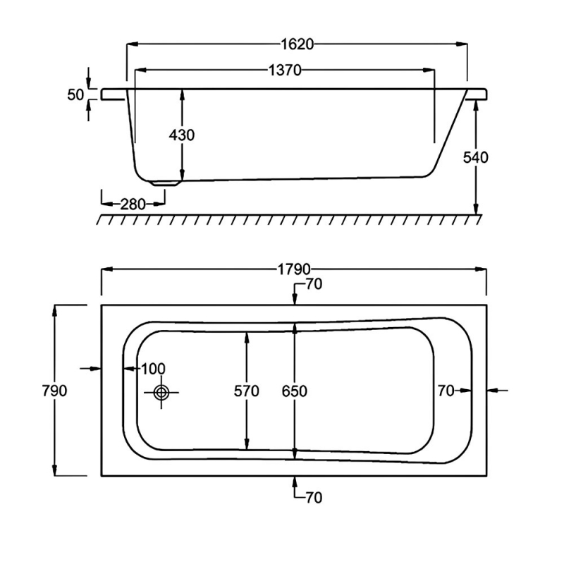 Carron Britannia Single Ended Rectangular Bath 1800mm x 800mm - Carronite