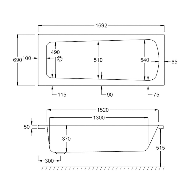 Carron Britannia Victoria Single Ended Rectangular Bath 1700mm x 700mm - Carronite