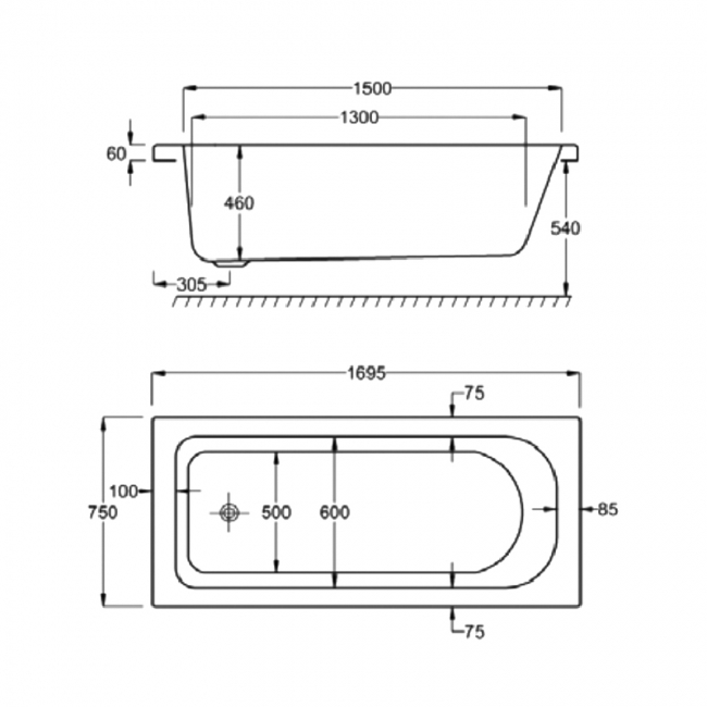Carron Britannia Classic Super Deep Single Ended Rectangular Bath 1700mm x 750mm - Carronite