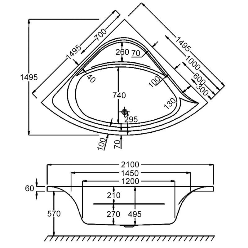 Carron Centennial Double Ended Corner Bath 1500mm x 1500mm - 5mm Acrylic