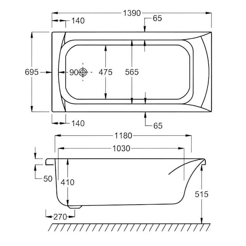 Carron Delta Single Ended Rectangular Bath 1400mm x 700mm - Carronite