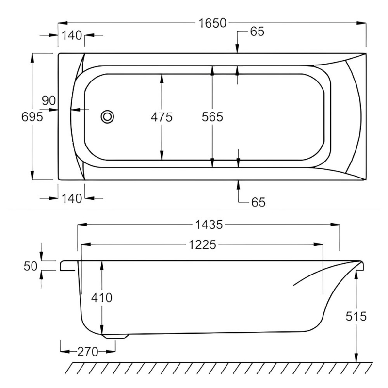 Carron Delta Single Ended Rectangular Bath 1650mm x 700mm - Carronite