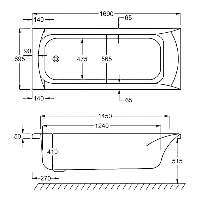 Carron Delta Single Ended Rectangular Bath 1700mm x 700mm - 5mm Acrylic