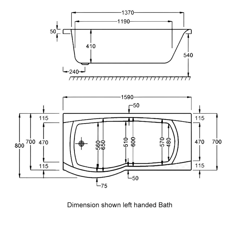 Carron Delta Shower PShaped Bath 02072 1600mm x 700800mm Carronite