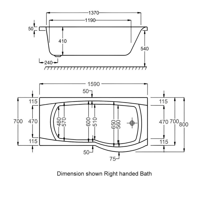 Carron Delta P-Shaped Shower Bath 1600mm x 700/800mm Right Handed - 5mm Acrylic