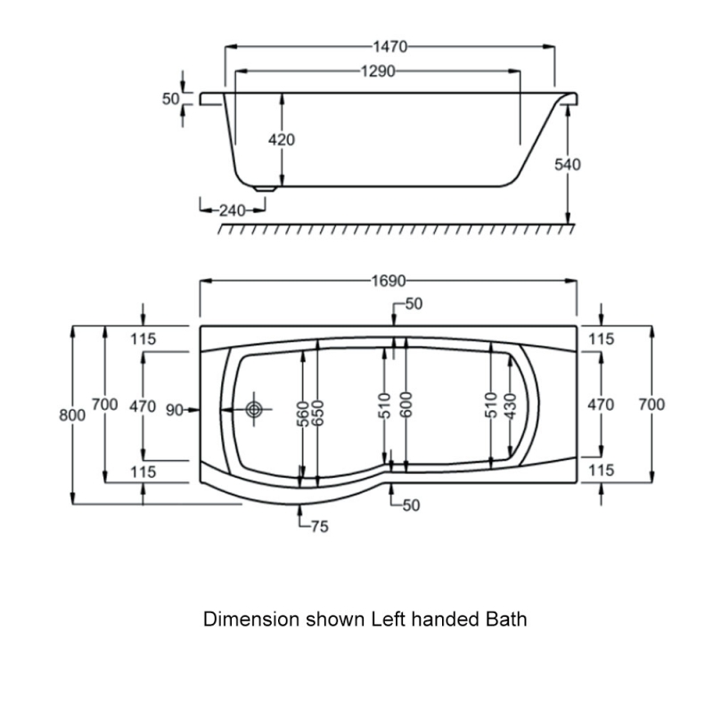 Carron Delta P-Shaped Shower Bath 1700mm x 700/800mm Left Handed - Carronite