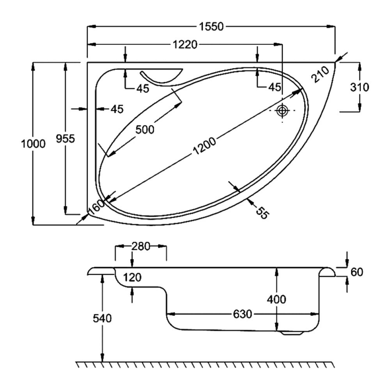 Carron Dove Offset Corner Bath 1550mm x 950mm Right Handed - 5mm Acrylic