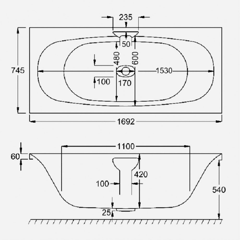 Carron Echelon Double Ended Rectangular Bath 1700mm x 750mm - 5mm Acrylic