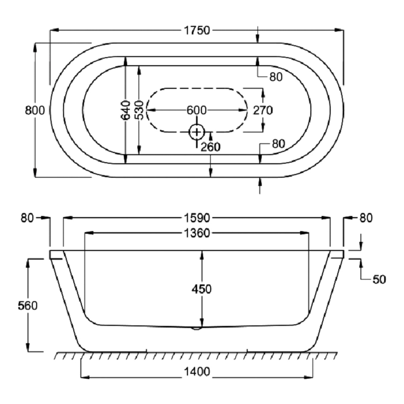 Carron Halcyon Double Ended Inset Oval Bath 1750mm x 800mm - Carronite