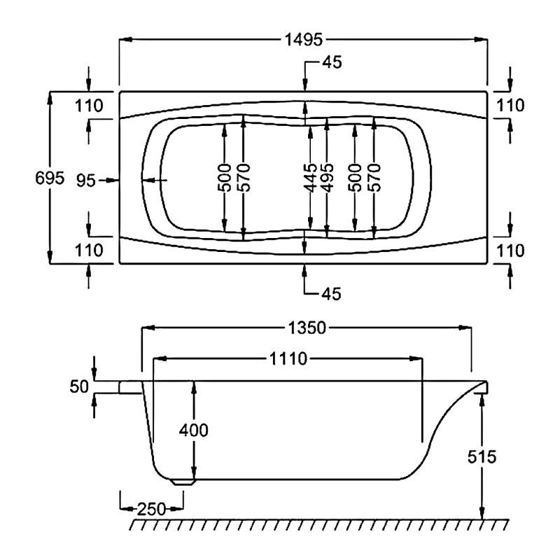 Carron Imperial Single Ended Rectangular Bath with Twin Grips 1500mm x 700mm - 5mm Acrylic