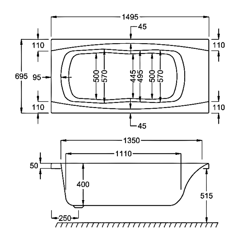 Carron Imperial Single Ended Rectangular Bath with Twin Grips 1500mm x 700mm - Carronite  | Dimension Image