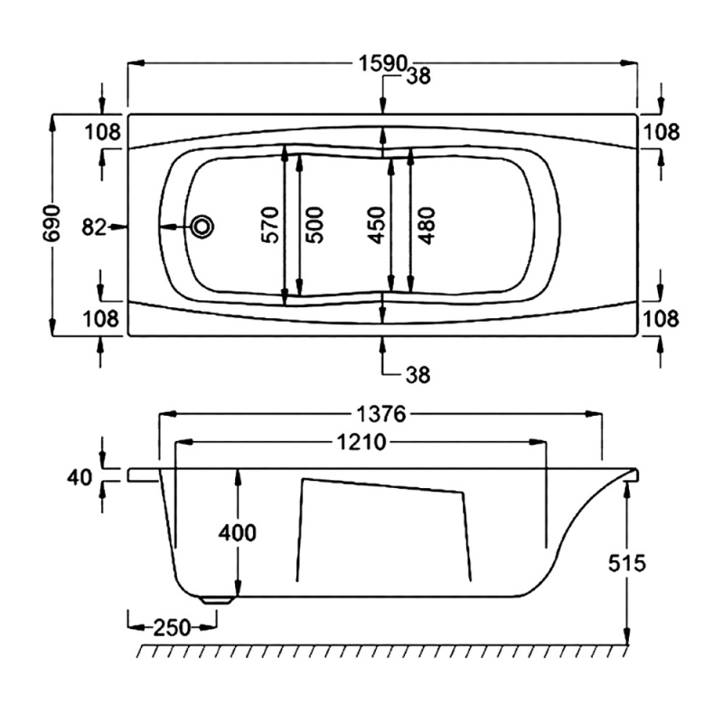 Carron Imperial Single Ended Rectangular Bath with Twin Grips 1600mm x 700mm - 5mm Acrylic